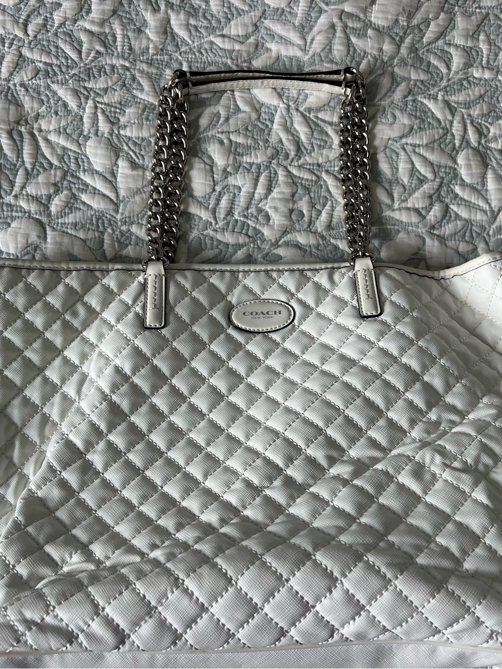 COACH White Quilted Tote with Silver Chain Handles